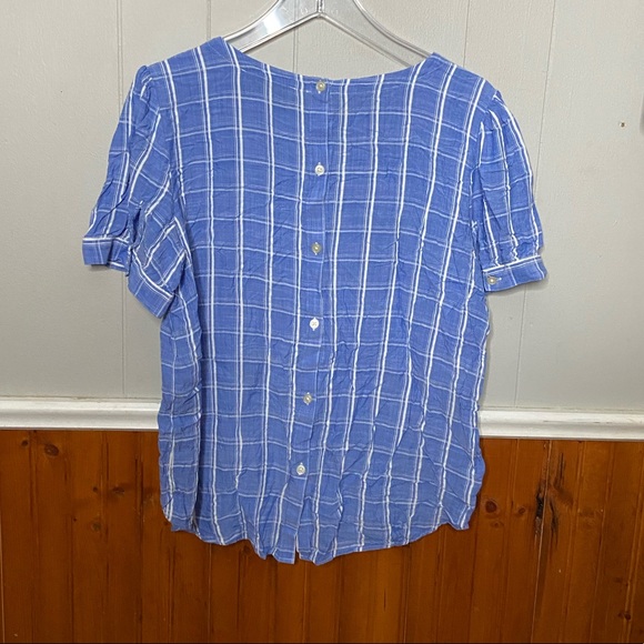 Ann Taylor LOFT Women’s Size Large Short Sleeve Blouse Blue Plaid Button Back - Picture 7 of 7